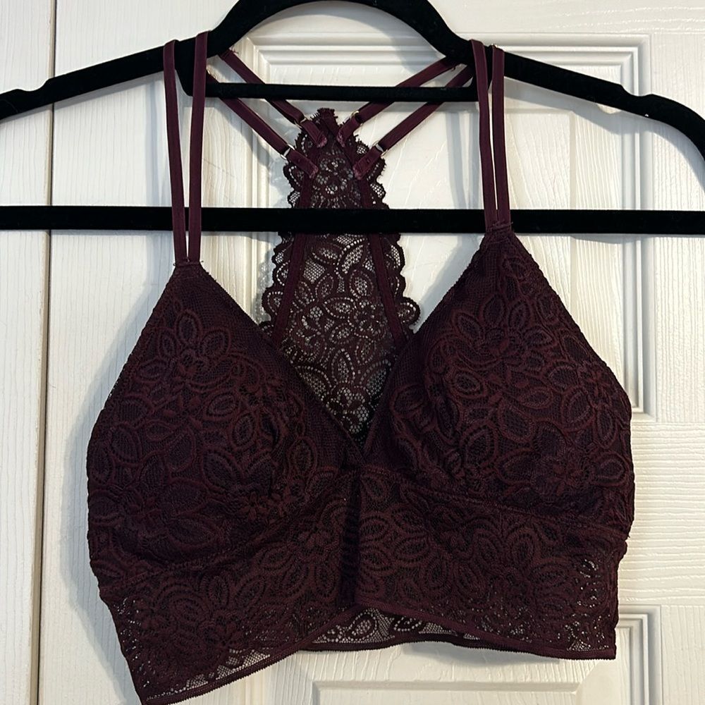 AERIE Size Small Maroon Wine Bralette Adjustable Halter Straps Padded Removable